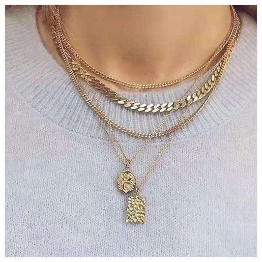 Multi layered Female Pendant necklace, Gold layered necklace, Coin necklace, Gold Female square pendant, Gold cable chain necklace