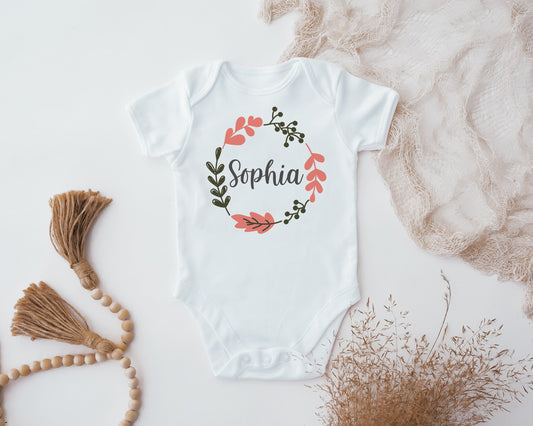 Personalised Pink Floral Rose Wreath Baby Bodysuit, Sleepsuit, Baby Girl Gift, Custom Baby Grow, Pregnancy Announcement, Baby Shower Gift